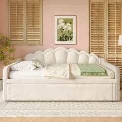 Lit Gigogne 90/180x200 cm - avec lit tiroir et bande LED multicolore - sans matelas - revêtement en velours doux - Beige