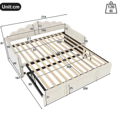 Lit Gigogne 90/180x200 cm - avec lit tiroir et bande LED multicolore - sans matelas - revêtement en velours doux - Beige