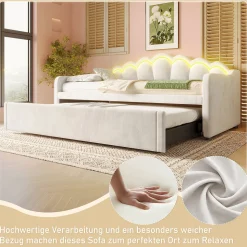 Lit Gigogne 90/180x200 cm - avec lit tiroir et bande LED multicolore - sans matelas - revêtement en velours doux - Beige