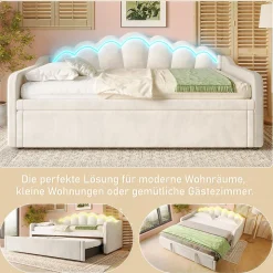 Lit Gigogne 90/180x200 cm - avec lit tiroir et bande LED multicolore - sans matelas - revêtement en velours doux - Beige