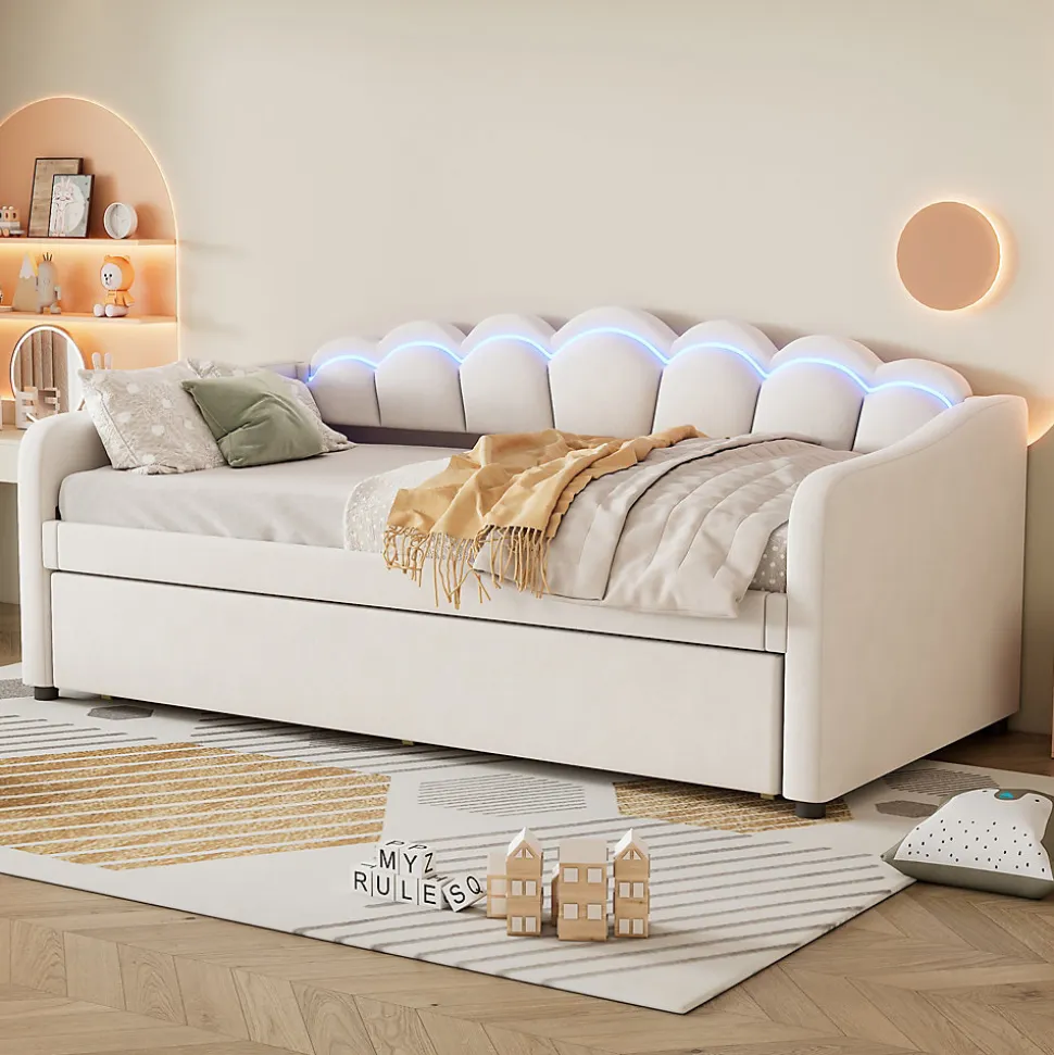Lit Gigogne 90x200 cm - avec lit tiroir 90x190 cm et éclairage LED ambiant - sans matelas - revêtement en velours élégant - Beige