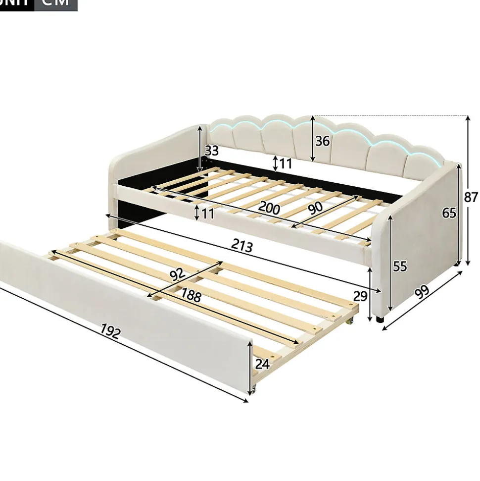 Lit Gigogne 90x200 cm - avec lit tiroir 90x190 cm et éclairage LED ambiant - sans matelas - revêtement en velours élégant - Beige