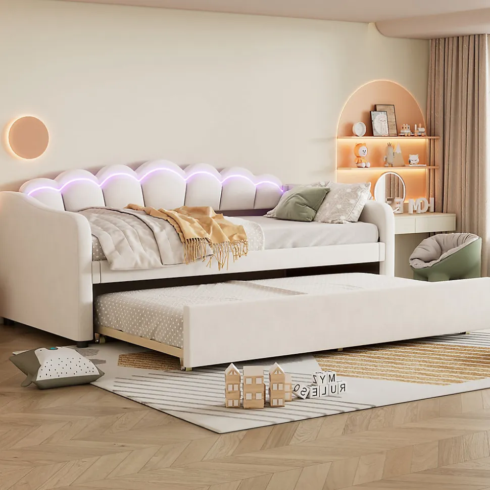 Lit Gigogne 90x200 cm - avec lit tiroir 90x190 cm et éclairage LED ambiant - sans matelas - revêtement en velours élégant - Beige