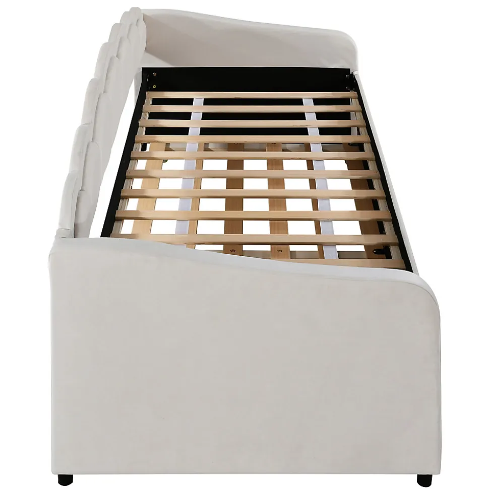 Lit Gigogne 90x200 cm - avec lit tiroir 90x190 cm et éclairage LED ambiant - sans matelas - revêtement en velours élégant - Beige