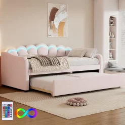 Lit Gigogne 90x200 cm - avec lit tiroir 90x190 cm et éclairage LED ambiant - sans matelas - revêtement en velours doux - Rose