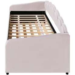 Lit Gigogne 90x200 cm - avec lit tiroir 90x190 cm et éclairage LED ambiant - sans matelas - revêtement en velours doux - Rose