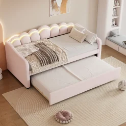 Lit Gigogne 90x200 cm - avec lit tiroir 90x190 cm et éclairage LED ambiant - sans matelas - revêtement en velours doux - Rose