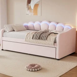 Lit Gigogne 90x200 cm - avec lit tiroir 90x190 cm et éclairage LED ambiant - sans matelas - revêtement en velours doux - Rose