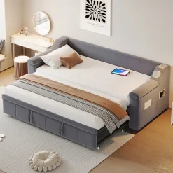 Lit Gigogne 90x190 cm - avec Rangement sous Le Lit et Haut-Parleur Bluetooth, Port USB, Velours Gris, Sans Matelas