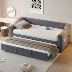 Lit Gigogne 90x190 cm - avec Rangement sous Le Lit et Haut-Parleur Bluetooth, Port USB, Velours Gris, Sans Matelas