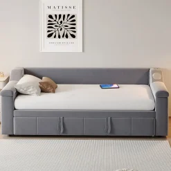 Lit Gigogne 90x190 cm - avec Rangement sous Le Lit et Haut-Parleur Bluetooth, Port USB, Velours Gris, Sans Matelas