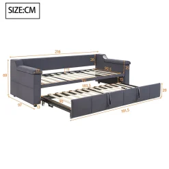 Lit Gigogne 90x190 cm - avec Rangement sous Le Lit et Haut-Parleur Bluetooth, Port USB, Velours Gris, Sans Matelas