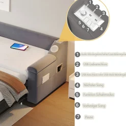 Lit Gigogne 90x190 cm - avec Rangement sous Le Lit et Haut-Parleur Bluetooth, Port USB, Velours Gris, Sans Matelas