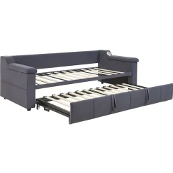 Lit Gigogne 90x190 cm - avec Rangement sous Le Lit et Haut-Parleur Bluetooth, Port USB, Velours Gris, Sans Matelas