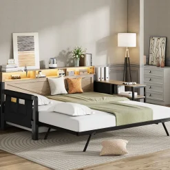 Lit Gigogne 90x200 cm - Canapé-Lit avec LED, 3 Tiroirs et Rangement Intégré - Métal - Noir