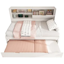 Lit Gigogne 90x190 cm - Canapé-Lit avec Tête de Lit Rangement, Compartiment Ouvert et USB/USB-C - MDF - Blanc