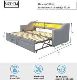 Lit Gigogne 90/180x190 cm - capitonné avec LED Intégrée et Rangement Sous Le Lit, Port USB, Tissu Gris Clair, Sans Matelas