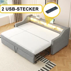 Lit Gigogne 90/180x190 cm - capitonné avec LED Intégrée et Rangement Sous Le Lit, Port USB, Tissu Gris Clair, Sans Matelas