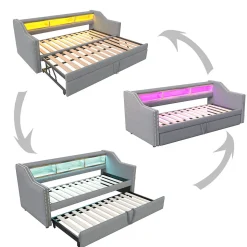 Lit Gigogne 90/180x190 cm - capitonné avec LED Intégrée et Rangement Sous Le Lit, Port USB, Tissu Gris Clair, Sans Matelas