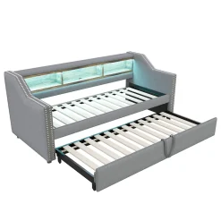 Lit Gigogne 90/180x190 cm - capitonné avec LED Intégrée et Rangement Sous Le Lit, Port USB, Tissu Gris Clair, Sans Matelas