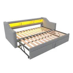 Lit Gigogne 90/180x190 cm - capitonné avec LED Intégrée et Rangement Sous Le Lit, Port USB, Tissu Gris Clair, Sans Matelas