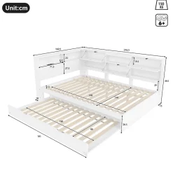 Lit Gigogne 140x200 cm - Daybed Multifonction avec Tête de Lit et Lit Tiroir - Sans Matelas - Bois Blanc
