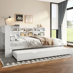 Lit Gigogne 140x200 cm - Daybed Multifonction avec Tête de Lit et Lit Tiroir - Sans Matelas - Bois Blanc