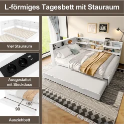 Lit Gigogne 140x200 cm - Daybed Multifonction avec Tête de Lit et Lit Tiroir - Sans Matelas - Bois Blanc