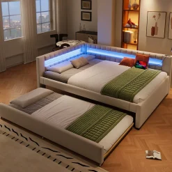 Lit Gigogne 140x200 cm - Lit Adulte avec Sommier Coulissant et LED Télécommandée, Revêtement en Lin - sans Matelas - Beige