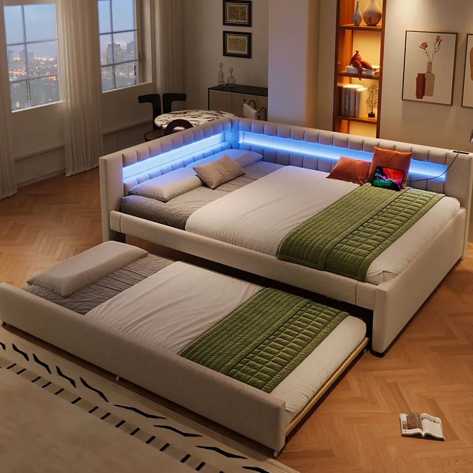 Lit Gigogne 140x200 cm - Lit Adulte avec Sommier Coulissant et LED Télécommandée, Revêtement en Lin - sans Matelas - Beige