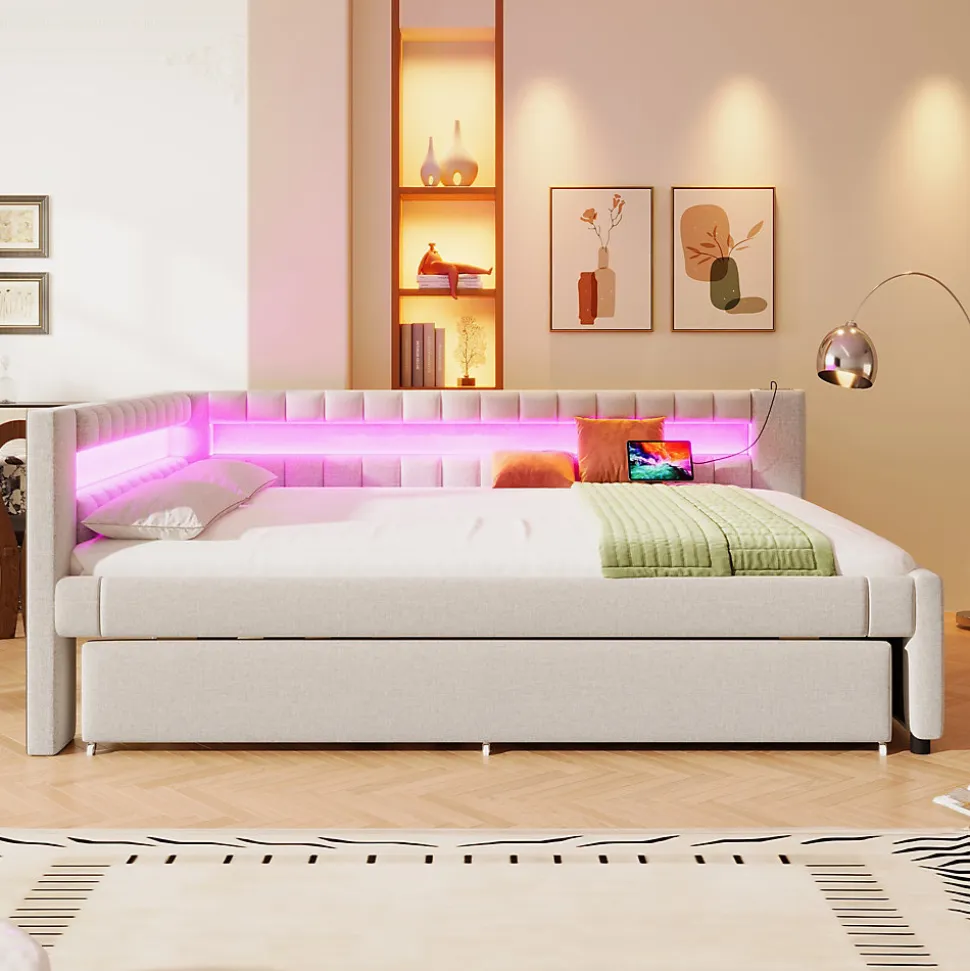 Lit Gigogne 140x200 cm - Lit Adulte avec Sommier Coulissant et LED Télécommandée, Revêtement en Lin - sans Matelas - Beige