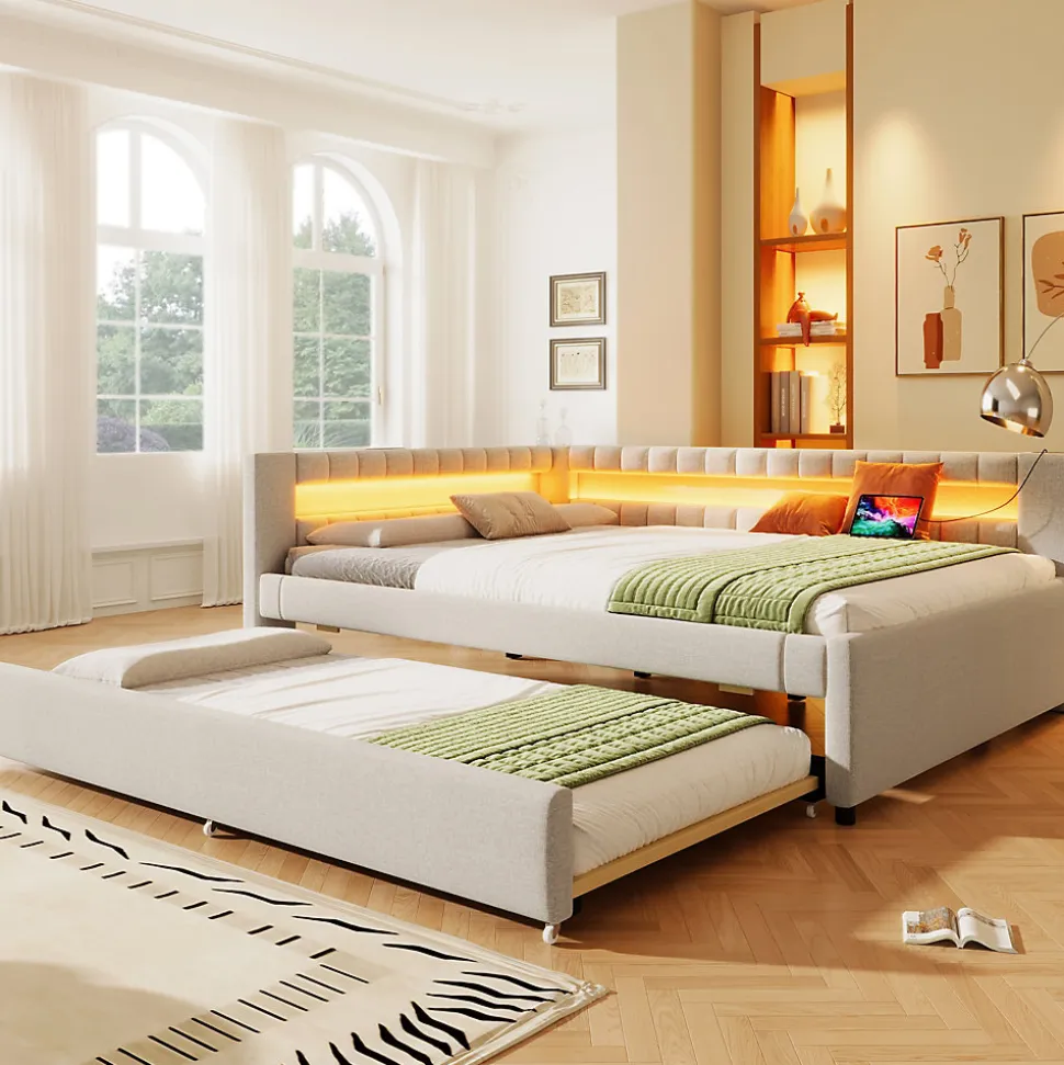 Lit Gigogne 140x200 cm - Lit Adulte avec Sommier Coulissant et LED Télécommandée, Revêtement en Lin - sans Matelas - Beige