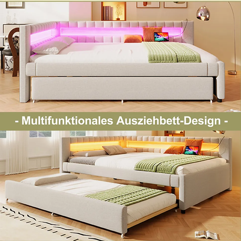 Lit Gigogne 140x200 cm - Lit Adulte avec Sommier Coulissant et LED Télécommandée, Revêtement en Lin - sans Matelas - Beige