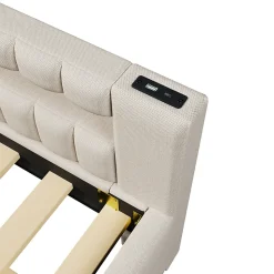 Lit Gigogne 140x200 cm - Lit Adulte avec Sommier Coulissant et LED Télécommandée, Revêtement en Lin - sans Matelas - Beige