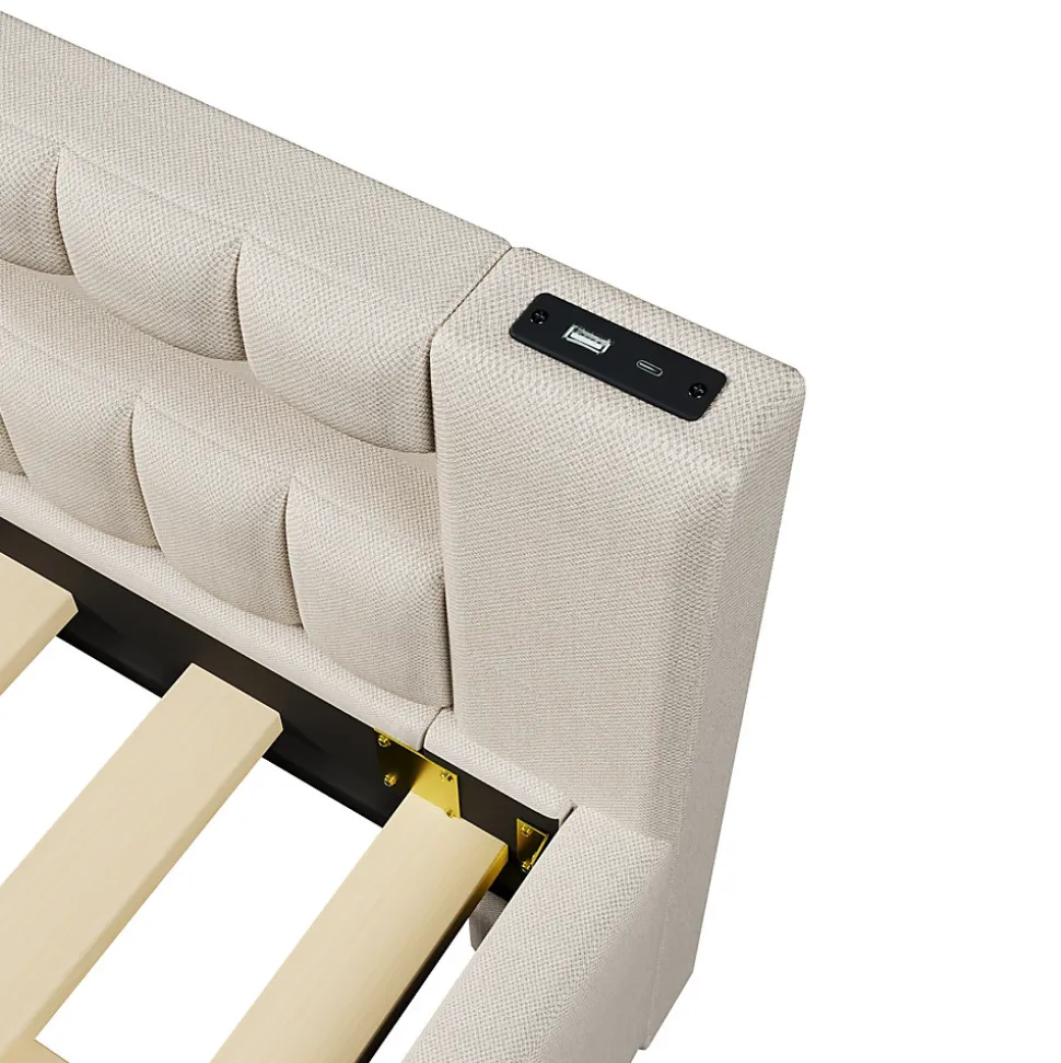 Lit Gigogne 140x200 cm - Lit Adulte avec Sommier Coulissant et LED Télécommandée, Revêtement en Lin - sans Matelas - Beige