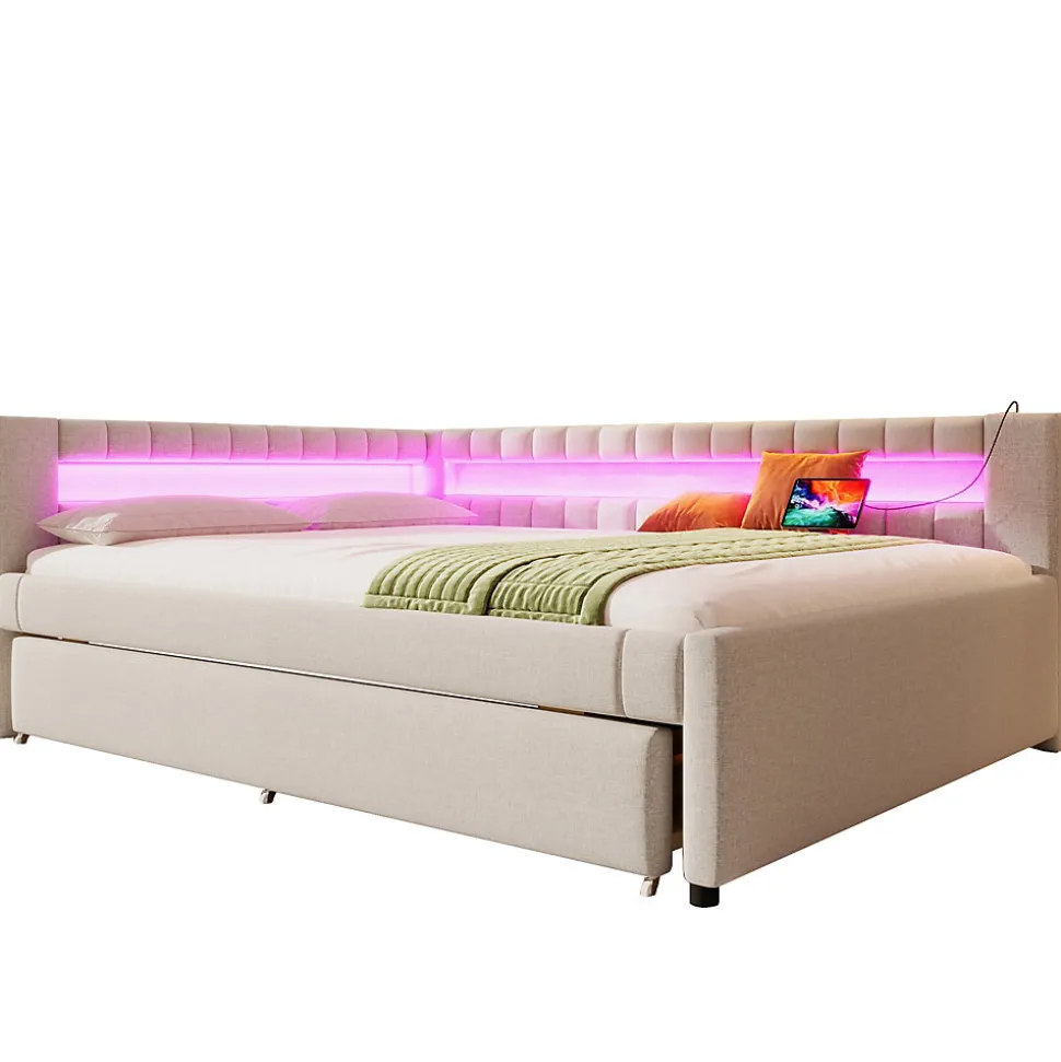 Lit Gigogne 140x200 cm - Lit Adulte avec Sommier Coulissant et LED Télécommandée, Revêtement en Lin - sans Matelas - Beige