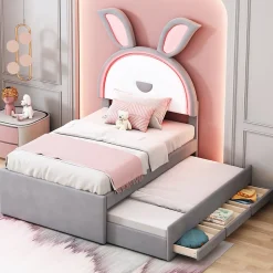 Lit Gigogne 90x200 cm - Lit avec Tiroirs de Rangement et Éclairage LED Changeant, en Velours Gris, Sans Matelas