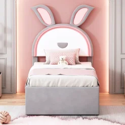 Lit Gigogne 90x200 cm - Lit avec Tiroirs de Rangement et Éclairage LED Changeant, en Velours Gris, Sans Matelas