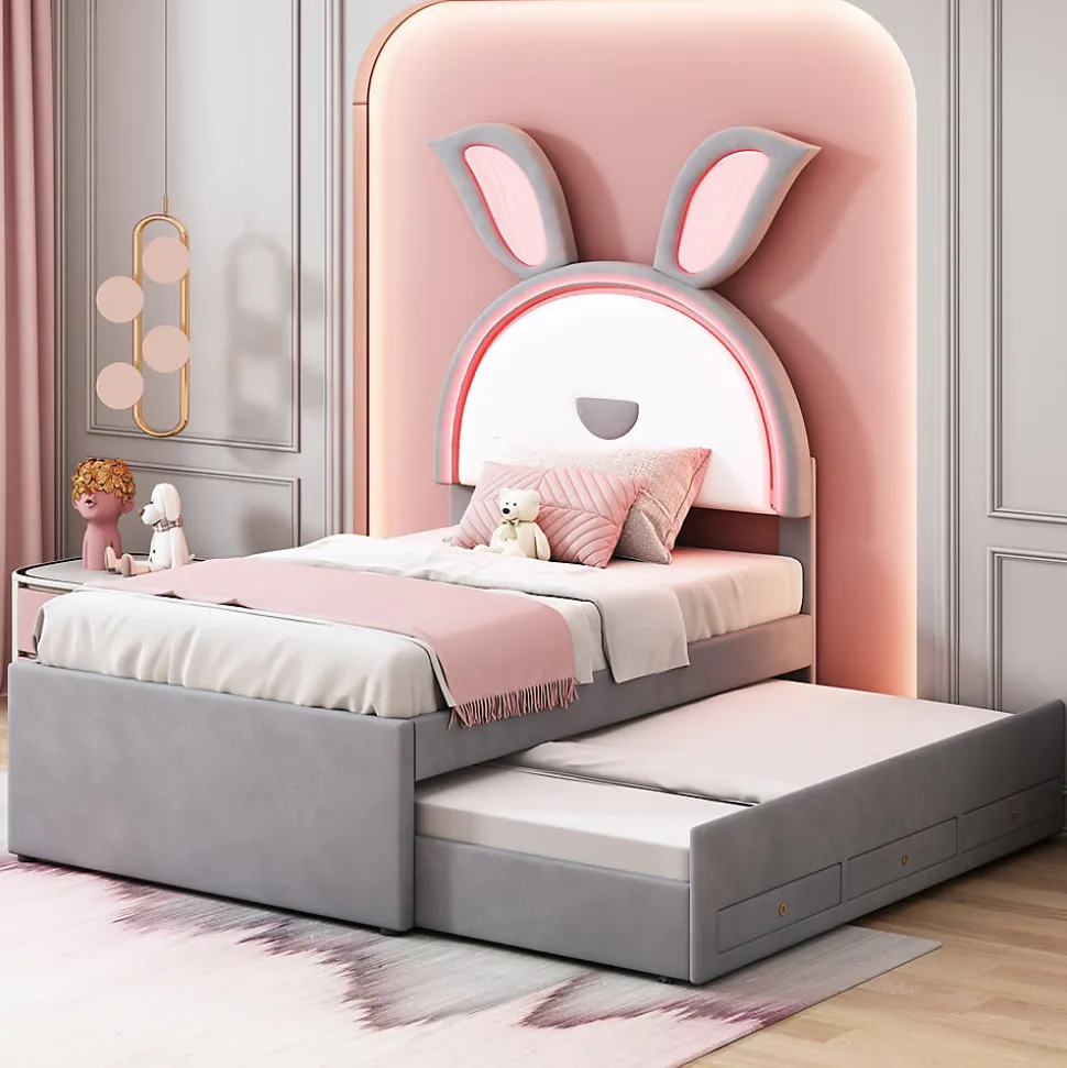 Lit Gigogne 90x200 cm - Lit avec Tiroirs de Rangement et Éclairage LED Changeant, en Velours Gris, Sans Matelas