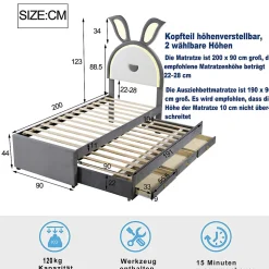 Lit Gigogne 90x200 cm - Lit avec Tiroirs de Rangement et Éclairage LED Changeant, en Velours Gris, Sans Matelas