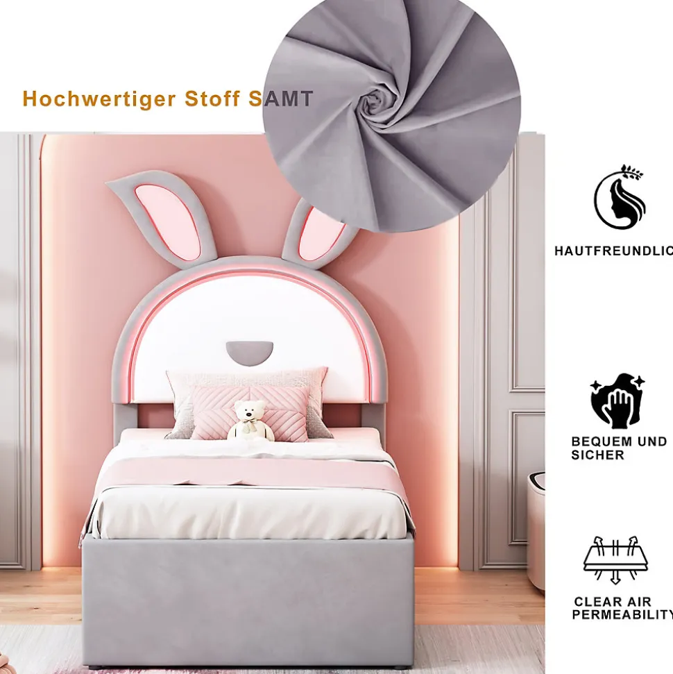 Lit Gigogne 90x200 cm - Lit avec Tiroirs de Rangement et Éclairage LED Changeant, en Velours Gris, Sans Matelas