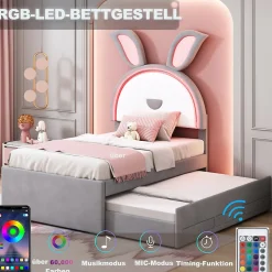 Lit Gigogne 90x200 cm - Lit avec Tiroirs de Rangement et Éclairage LED Changeant, en Velours Gris, Sans Matelas