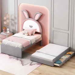 Lit Gigogne 90x200 cm - Lit avec Tiroirs de Rangement et Éclairage LED Changeant, en Velours Gris, Sans Matelas