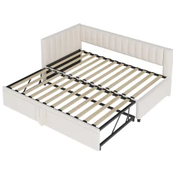 Lit Gigogne 90/180x200 cm - Lit avec Canapé-Lit Coulissant, Multifonction pour enfants et Invités, en Velours Beige, Sans Matelas