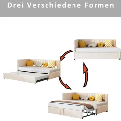 Lit Gigogne 90/180x200 cm - Lit avec Canapé-Lit Coulissant, Multifonction pour enfants et Invités, en Velours Beige, Sans Matelas