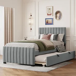 Lit Gigogne 90x190 cm - Lit avec Lit Supplémentaire, Tissu Velours Doux, Gris, Sans Matelas