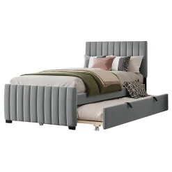 Lit Gigogne 90x190 cm - Lit avec Lit Supplémentaire, Tissu Velours Doux, Gris, Sans Matelas