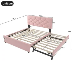 Lit Gigogne 140x200 cm - Lit Banquette Double Rembourré avec Sommier - Velours + MDF - Sans Matelas - Rose