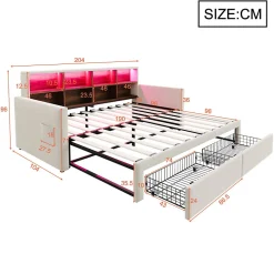 Lit Gigogne 90x190 cm - Lit Capitonné avec LED, 2 Tiroirs et Compartiments pour Enfant - Velours, MDF, Beige - sans Matelas