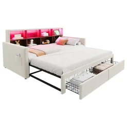 Lit Gigogne 90x190 cm - Lit Capitonné avec LED, 2 Tiroirs et Compartiments pour Enfant - Velours, MDF, Beige - sans Matelas